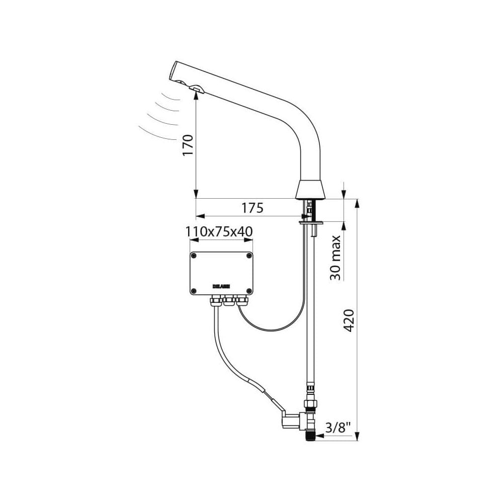 388035 / 488035 DELABIE Black BINOPTIC Electronic Tap for Semi-Recessed Basins (170mm High)