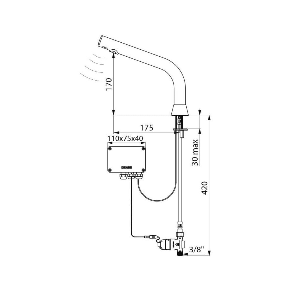 388035 / 488035 DELABIE Black BINOPTIC Electronic Tap for Semi-Recessed Basins (170mm High)