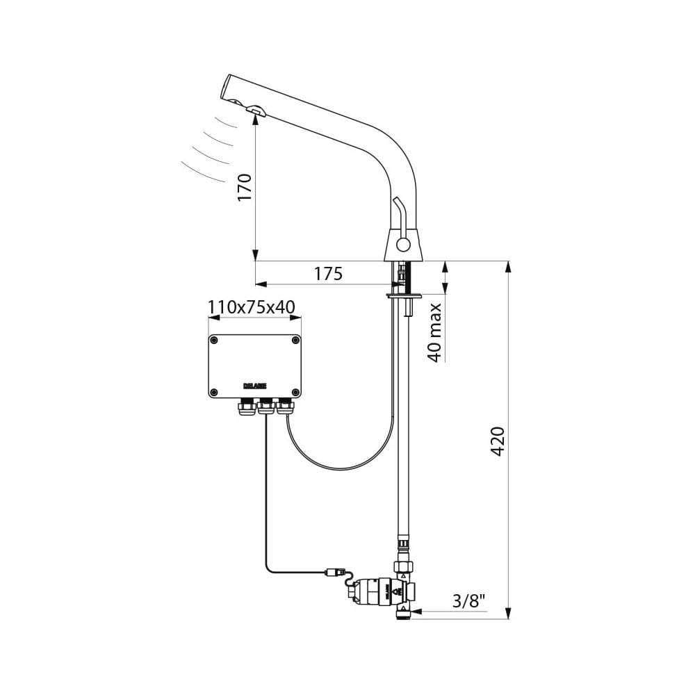 388MCHB / 488MCHB DELABIE Black BINOPTIC Electronic Tap/Mixer for Semi-Recessed Basins (170mm High)