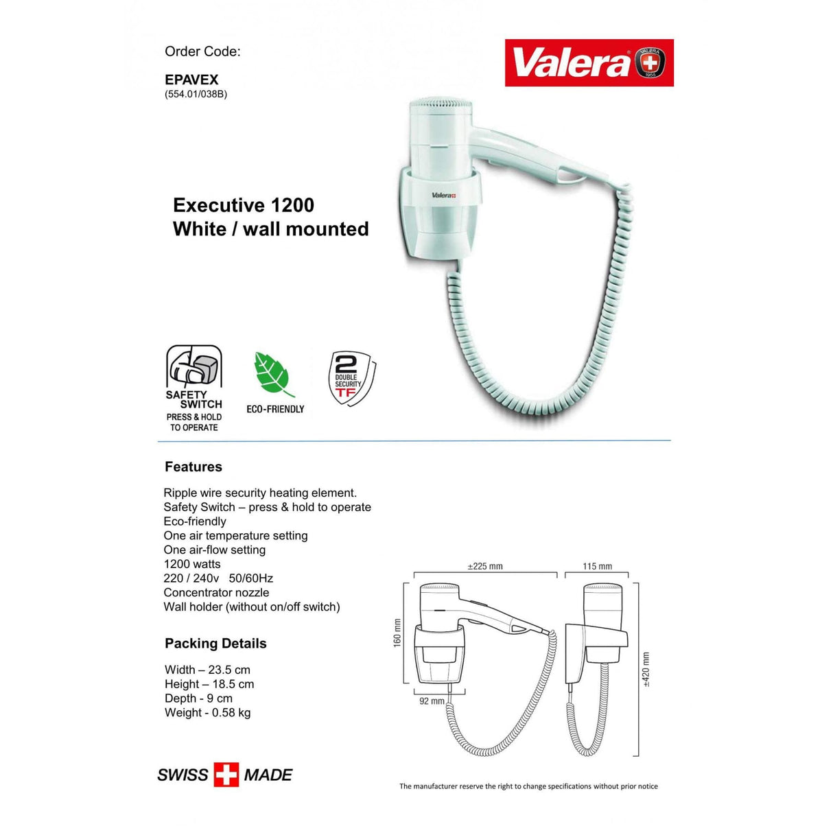 Valera Executive Wall Mounted Hair Dryer With Holder 1200W | EPAVEX