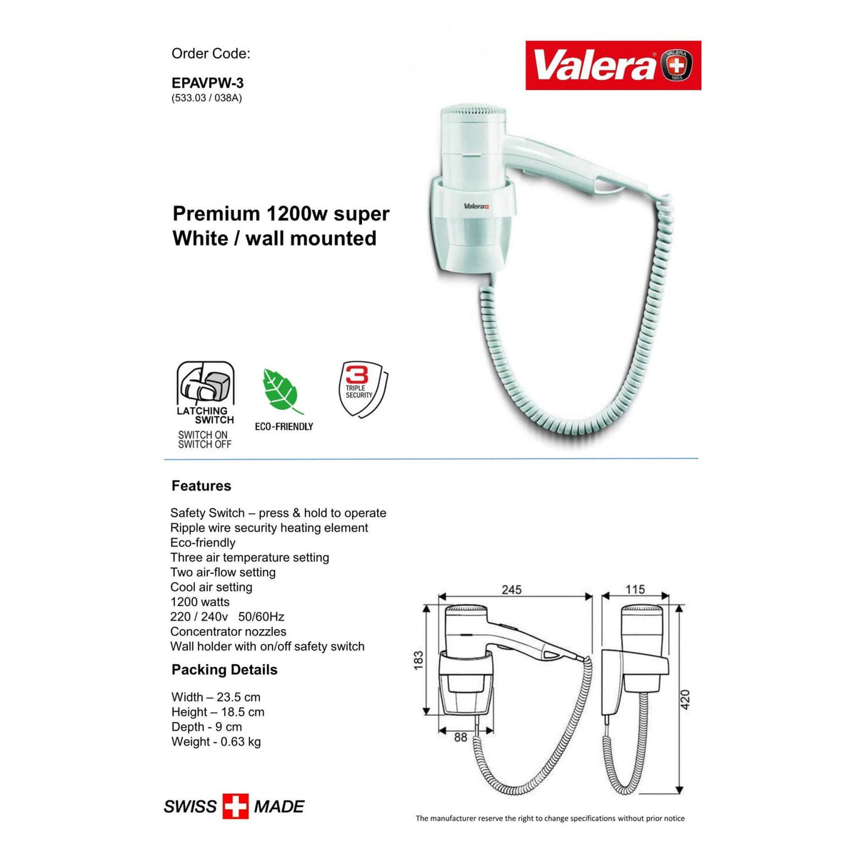 Valera Premium Super Wall Mounted Hair Dryer with Holder 1200W | EPAVPW-3