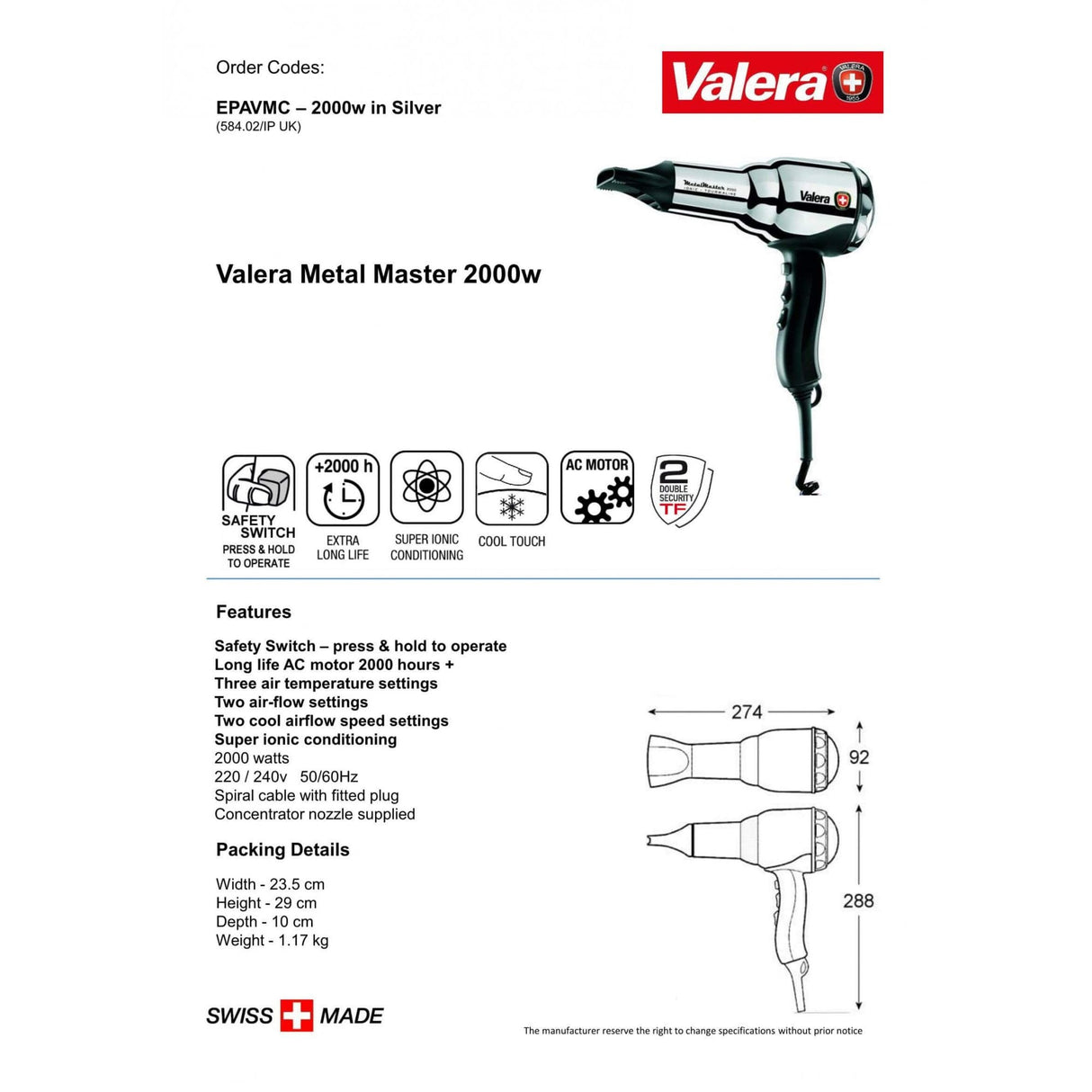 Valera Swiss Metal Master Ionic Hair Dryer 2000W | EPAVMC