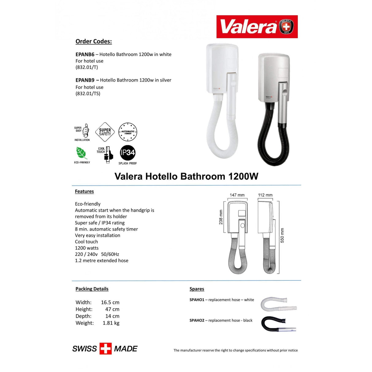Valera Hotello Bathroom Wall Hair Dryer with Hose IP34 1200W | EPANB9