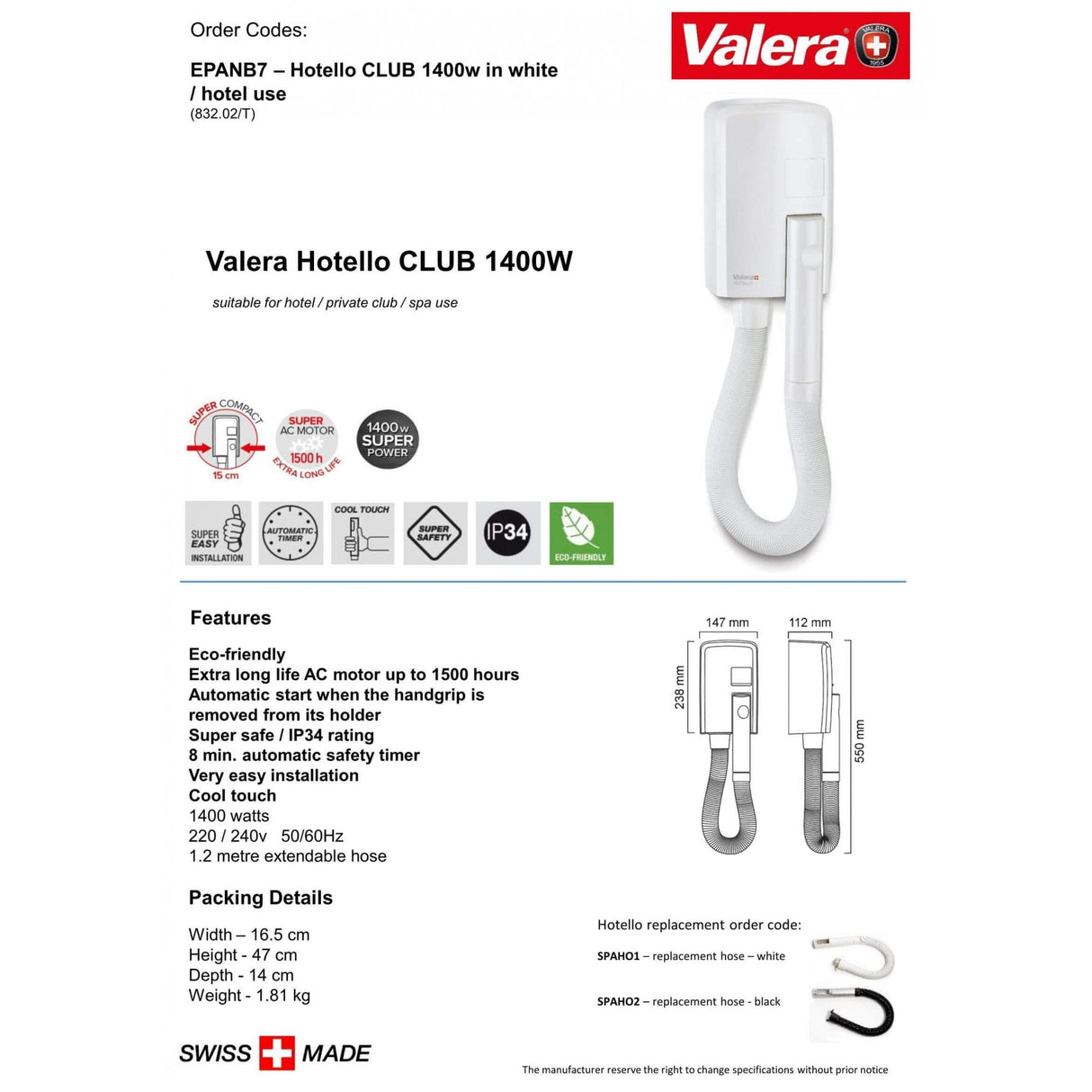 Valera Hotello Club IP34 Rated Black Hair Dryer 1400W | EPANB7-B