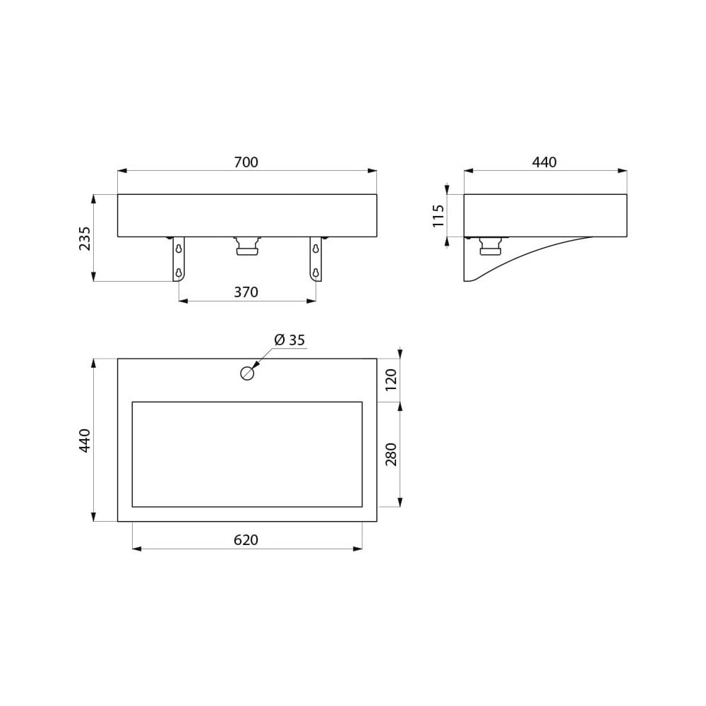 AQUEDUTO 700x440 Stainless Steel Wall Mounted Basin with Ø35 Tap Hole 121150 / 121150BK