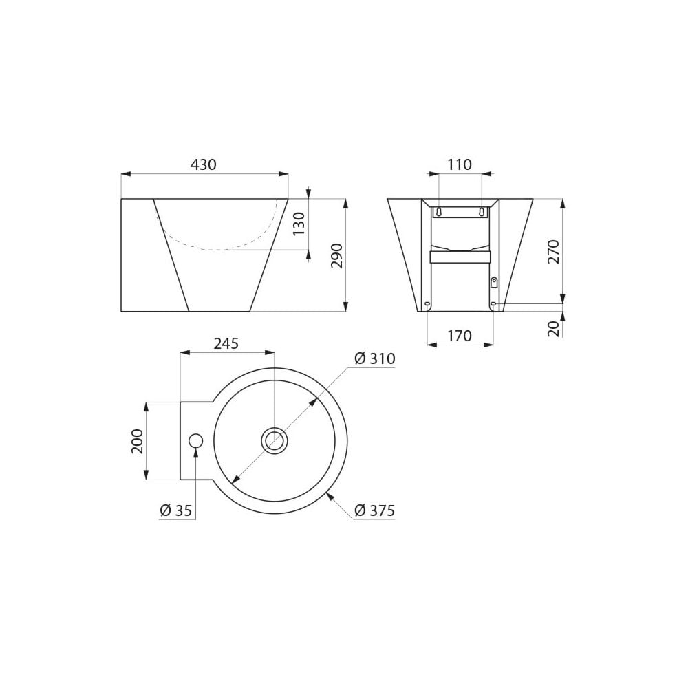 MINI BAILA Ø375 Stainless Steel Basin with Ø35 Centre Tap Hole 121180 / 121180BK
