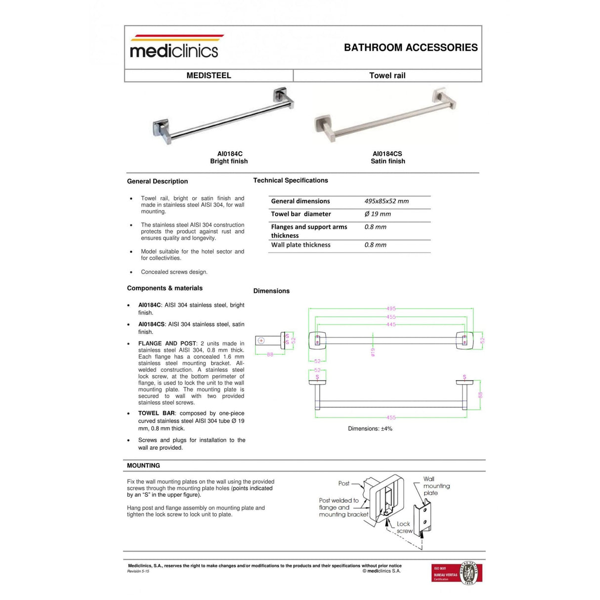 Mediclinics Stainless Steel Bathroom Towel Rail