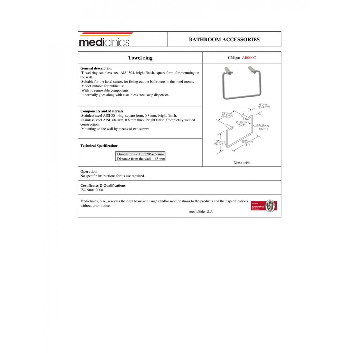 AI0090 Mediclinics Medinox Series AISI 304 Stainless Steel Square Towel Ring