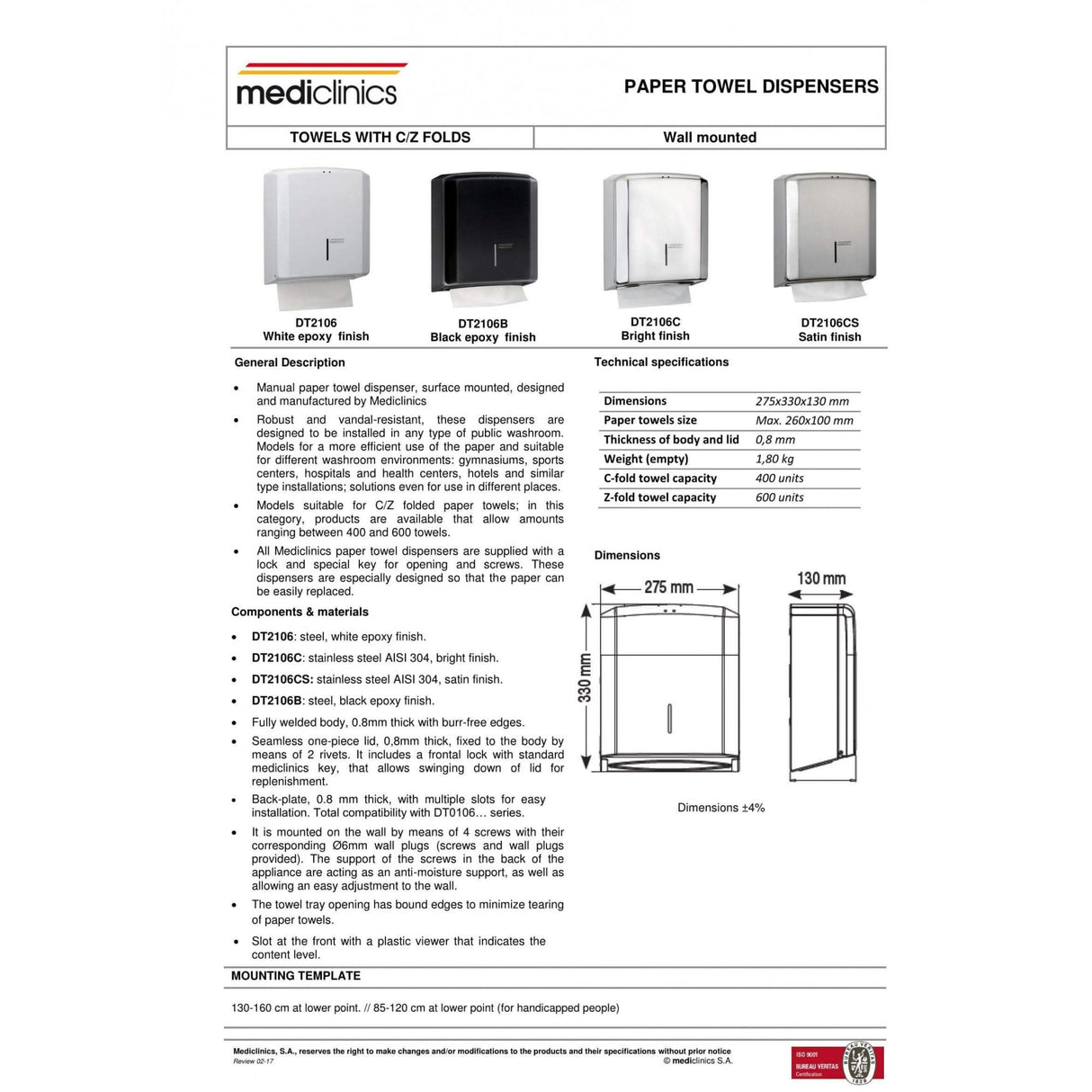 Mediclinics Paper Towel Dispenser for C/Z Folds