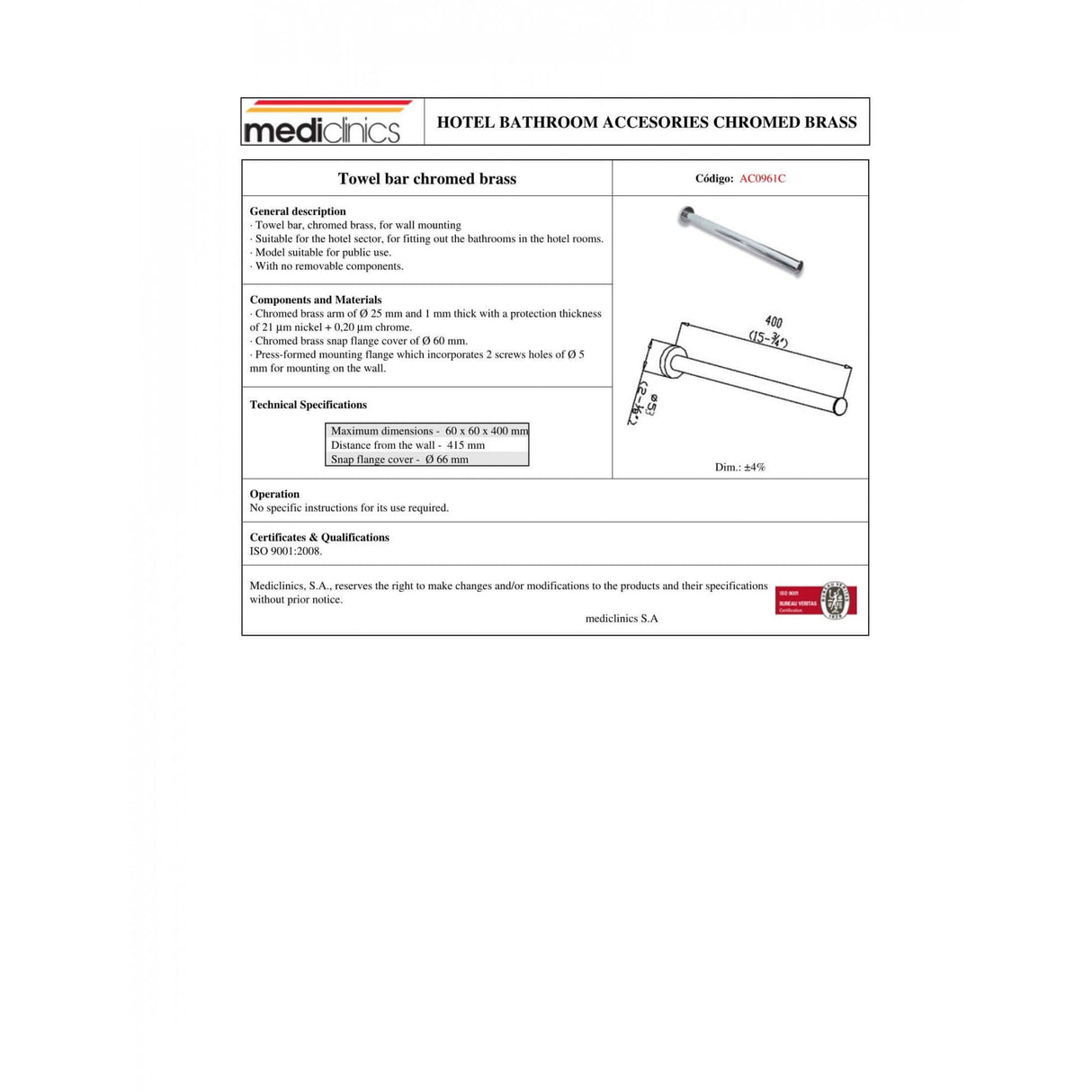 Mediclinics Chrome Plated Brass Towel Rail