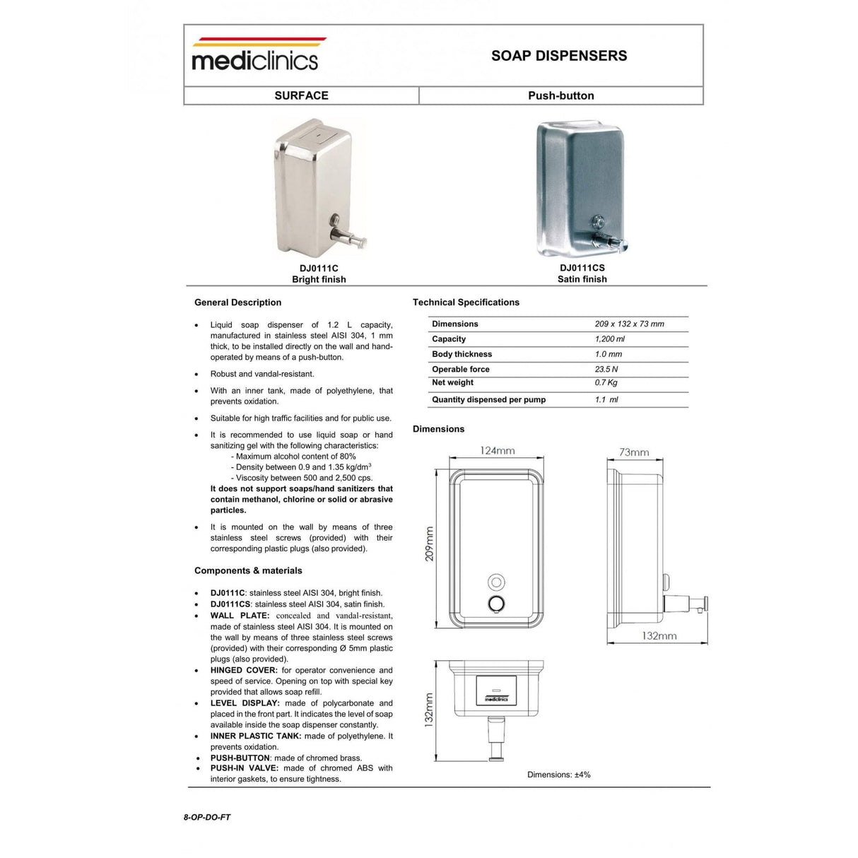1200ml Vertical Dispenser for Liquid Soap and Alcohol Gel