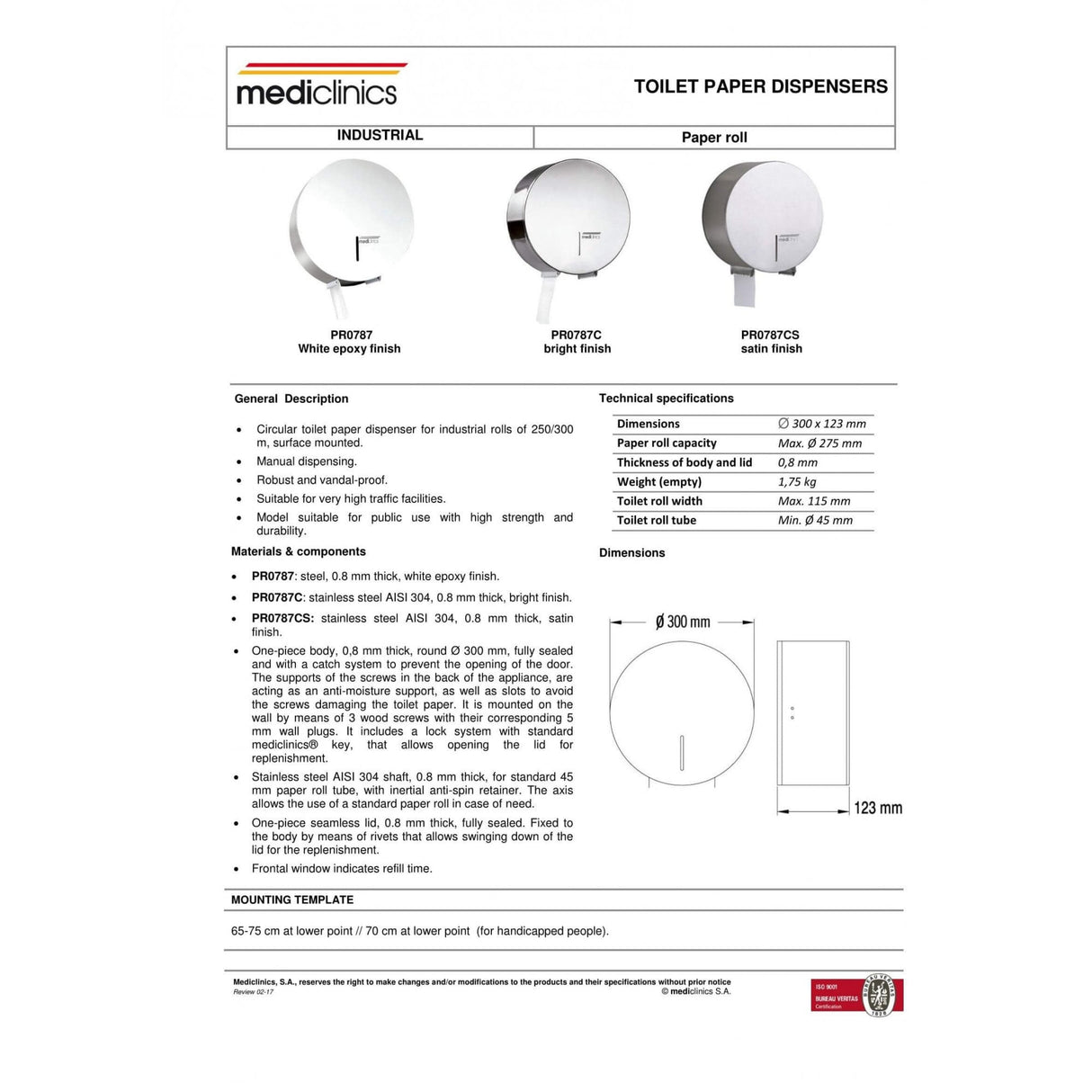 Mediclinics Industrial Toilet Paper Roll Dispenser Roll 275mm