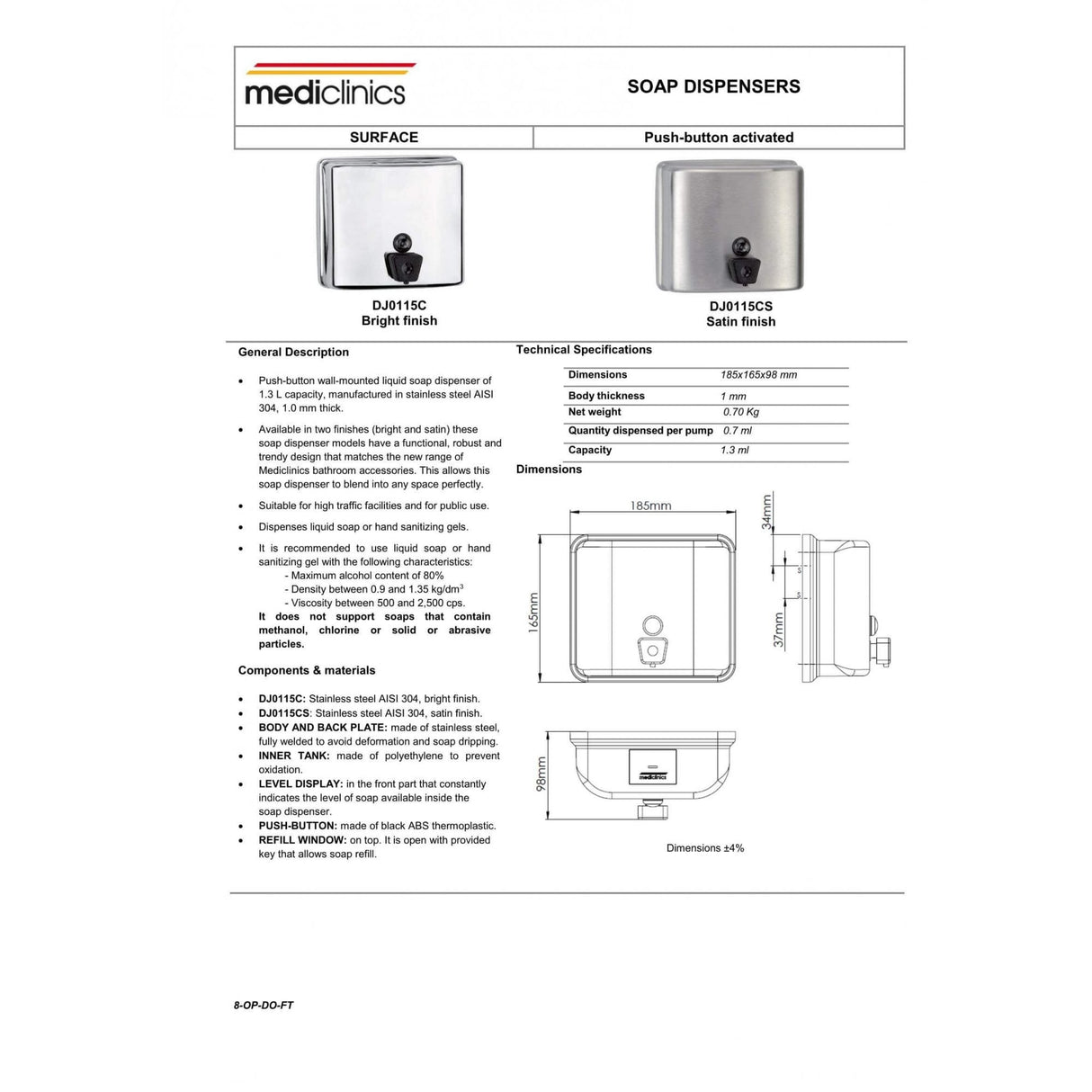 1300ml Square Soap Dispenser Made of Stainless Steel DJ0115C / DJ0115CS