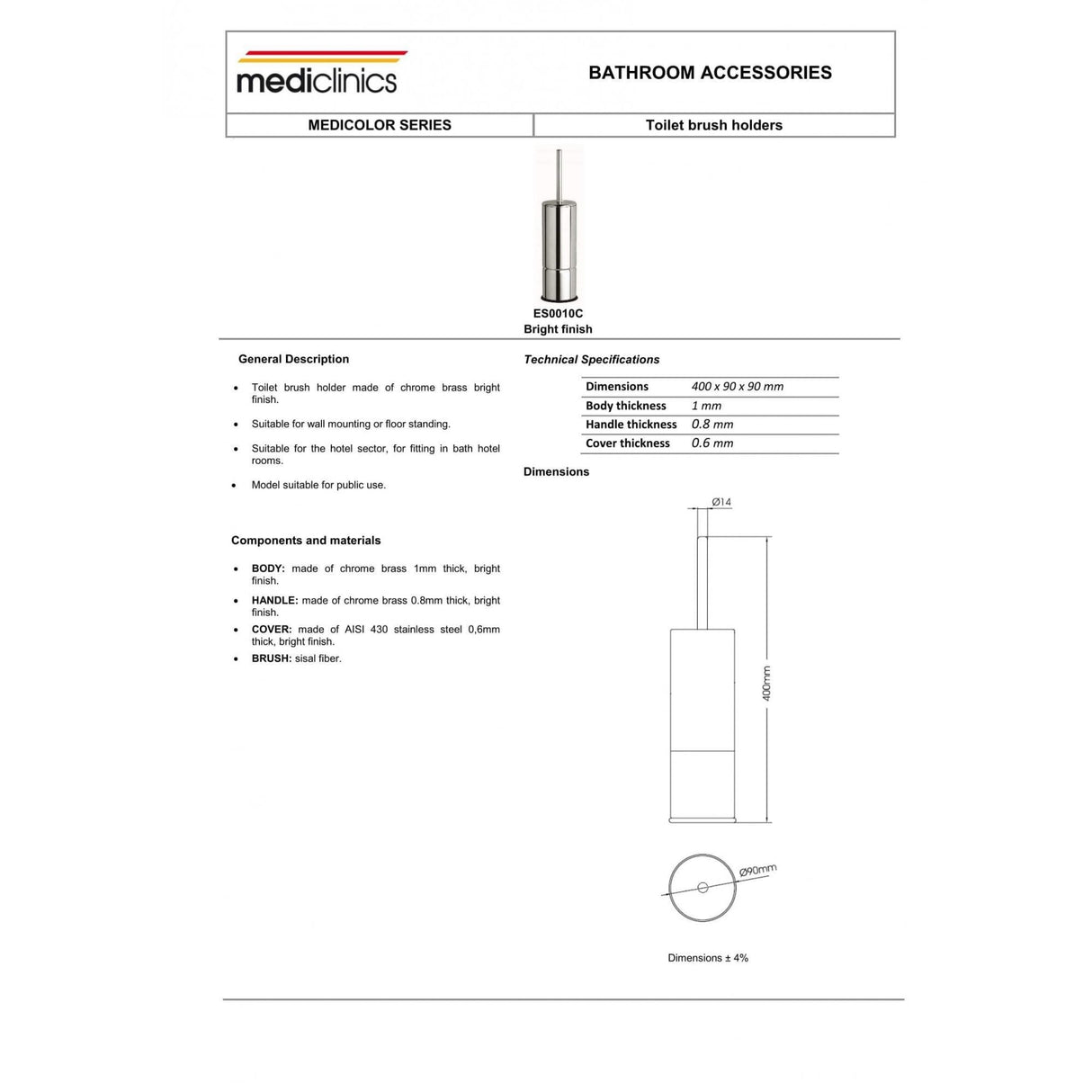 Porte-brosse de toilette en laiton chromé