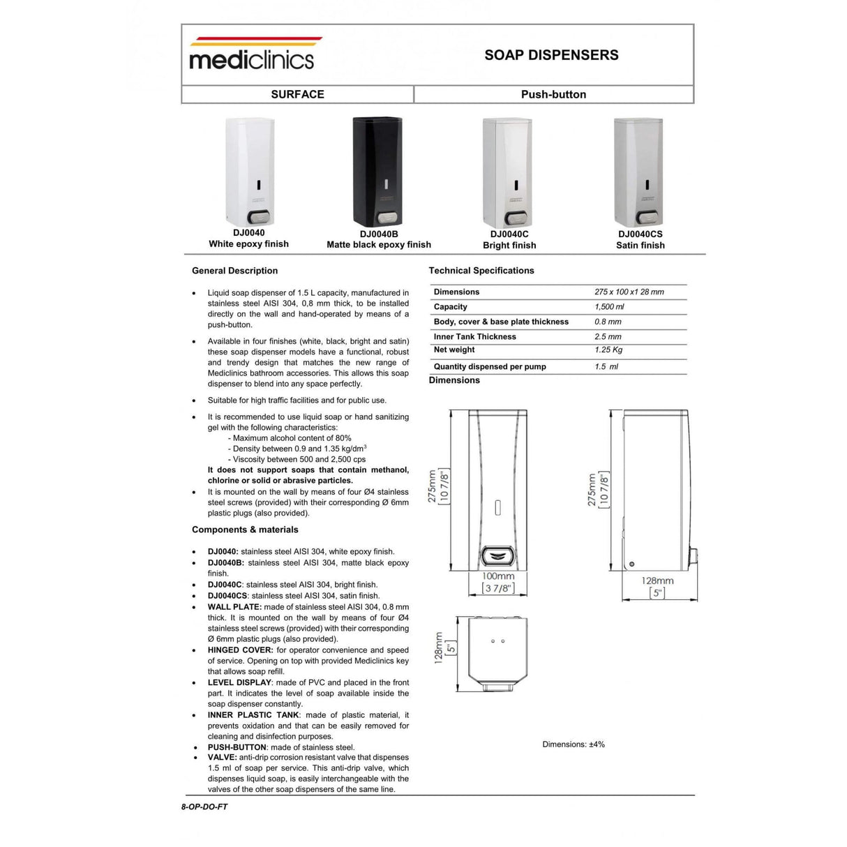 1500ml Wall Mounted Liquid Soap and Hydroalcoholic Gel Dispenser