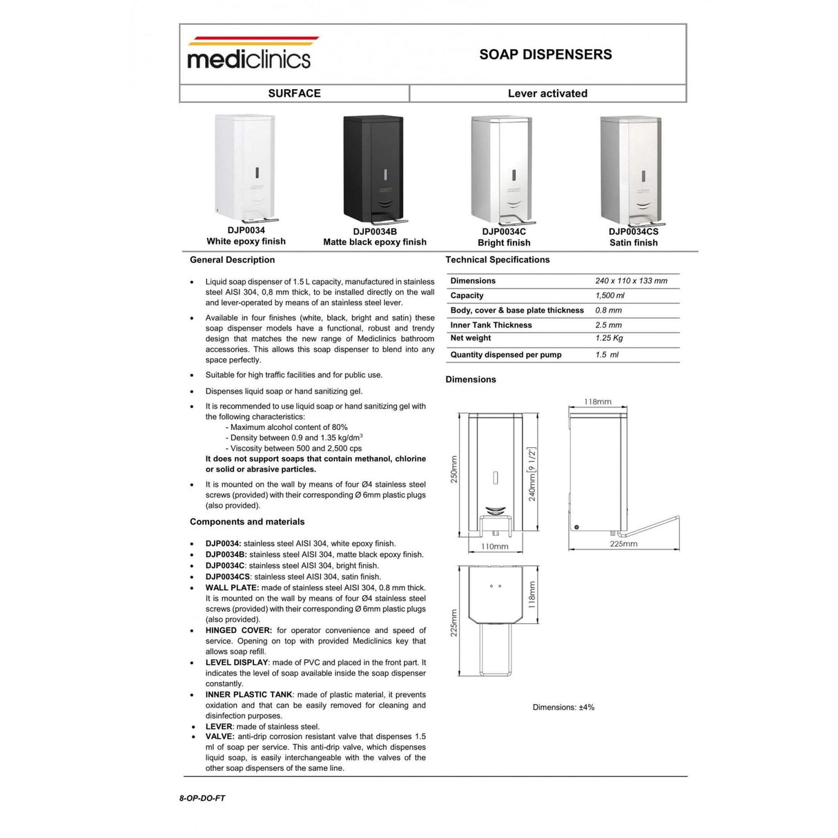 1500ml Lever Operated Liquid Soap and Hydroalcoholic Gel Dispenser