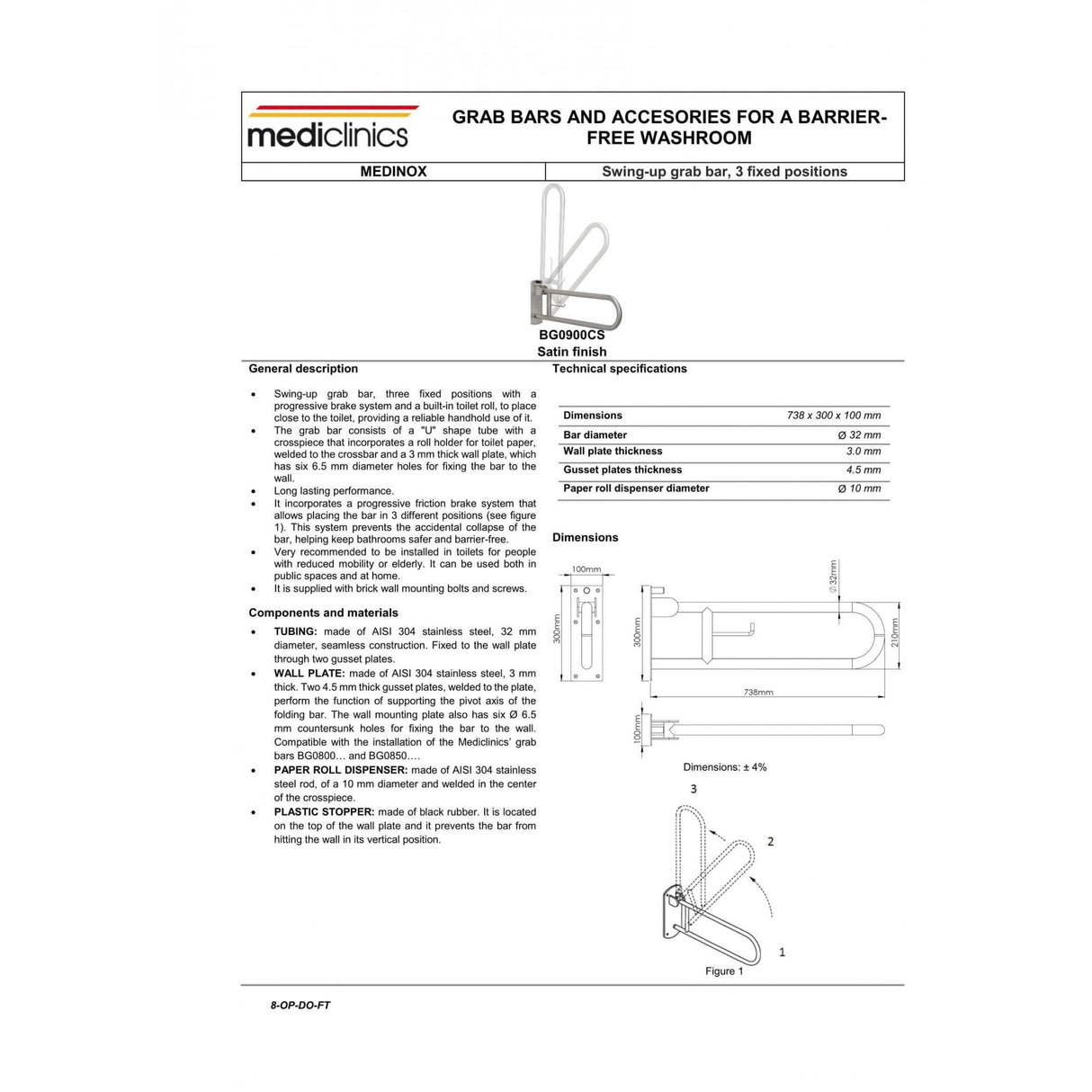 Maniglione oscillante in acciaio inossidabile a tre posizioni da 738 mm Mediclinics