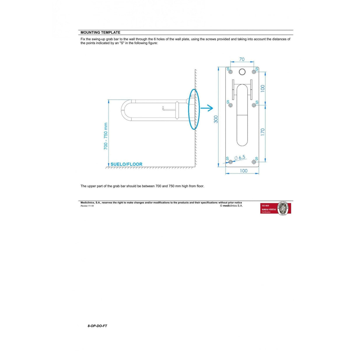 Maniglione oscillante in acciaio inossidabile a tre posizioni da 738 mm Mediclinics