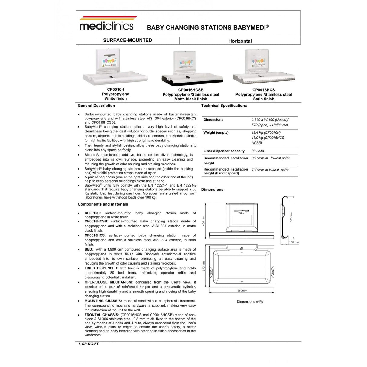 BabyMedi® Horizontal Baby Changing Station - Polypropylene / Stainless Steel