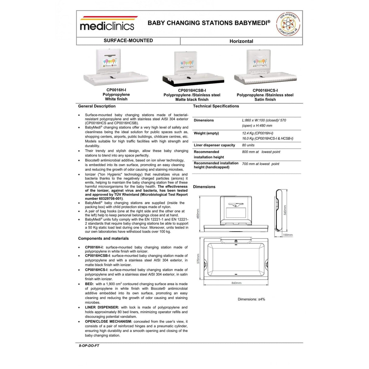 BabyMedi® Horizontal Baby Changing Station - Polypropylene / Stainless Steel with Ioniser