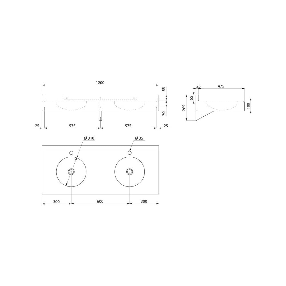 Lavabo multiple et dosseret mural inox DUPLO RP avec 2 trous robinetterie Ø35 mm L.1200 mm 121390