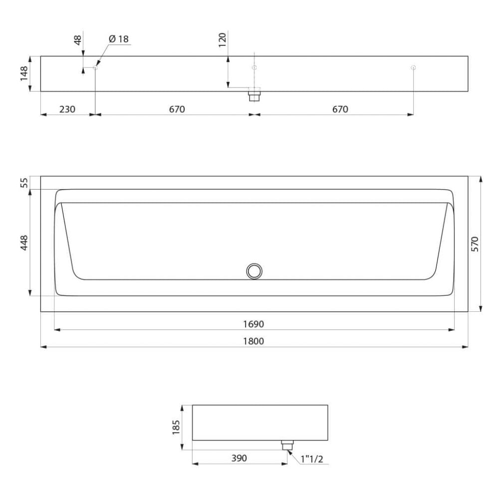 MINERALCAST Wall-Mounted Wash Trough for 3 taps L.1800mm 454180
