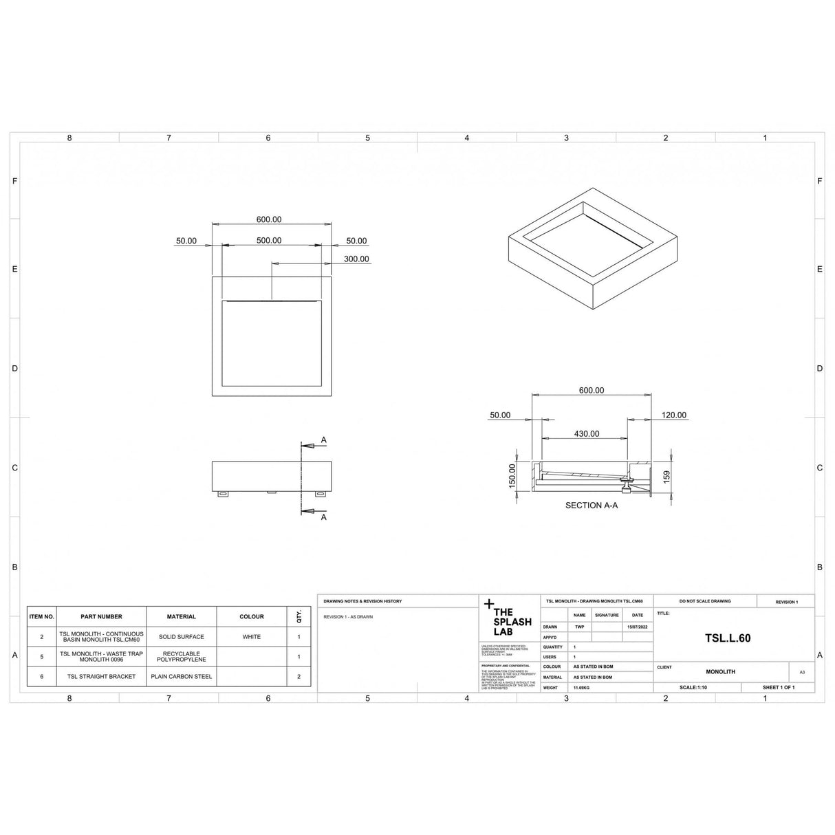 The Monolith S, M or L Series Wall Mounted Wash Basin L.600mm (300, 450 or 600mm Depth)