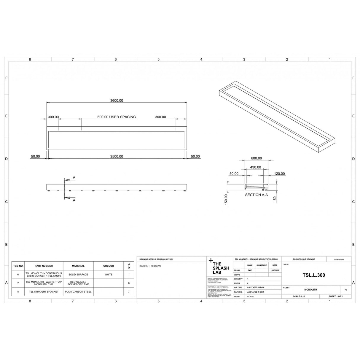 The Monolith M or L Series Wall Mounted Wash Basin L.3600mm (450 or 600mm Depth)