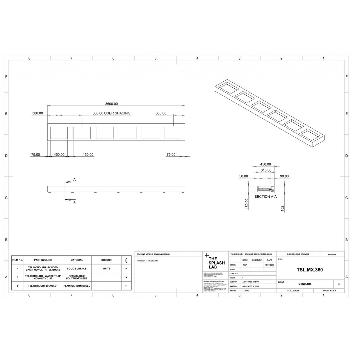 The Monolith M+ or L+ Series Wall Mounted Wash Basin L.3600mm (450 or 600mm Depth)