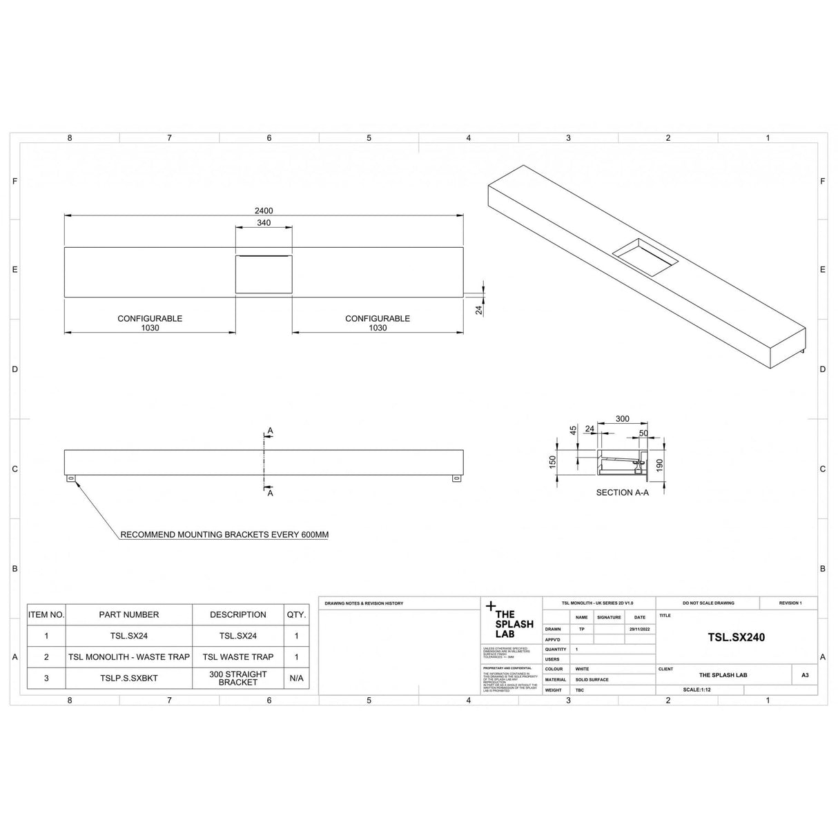 The Monolith S+ Series Wall Mounted Wash Basin With Large Vanity Area 2400x300