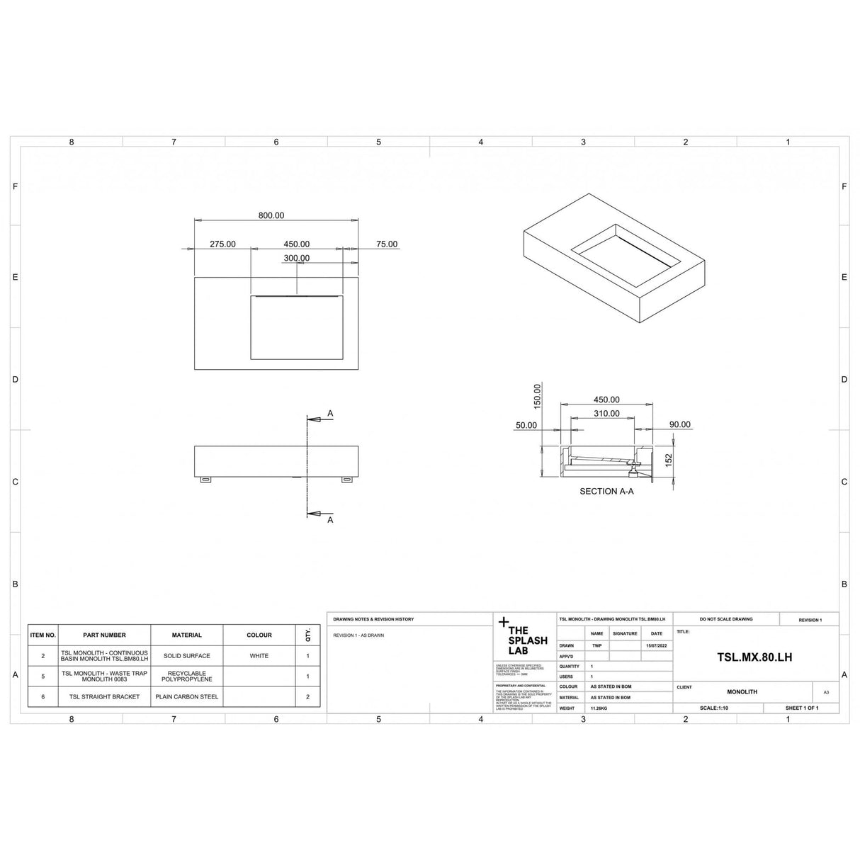 The Monolith M+ or L+ Series Wall Mounted Wash Basin With Left Hand Vanity Area L.800mm (450 or 600mm Depth)