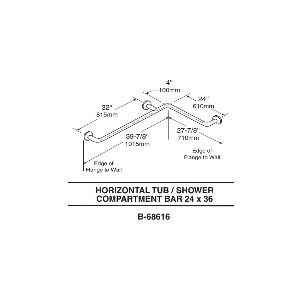 B-68616.99 Barre d'appui horizontale à deux parois de 38 mm de diamètre en acier inoxydable satiné avec surface de préhension martelée (710 x 1015 mm)