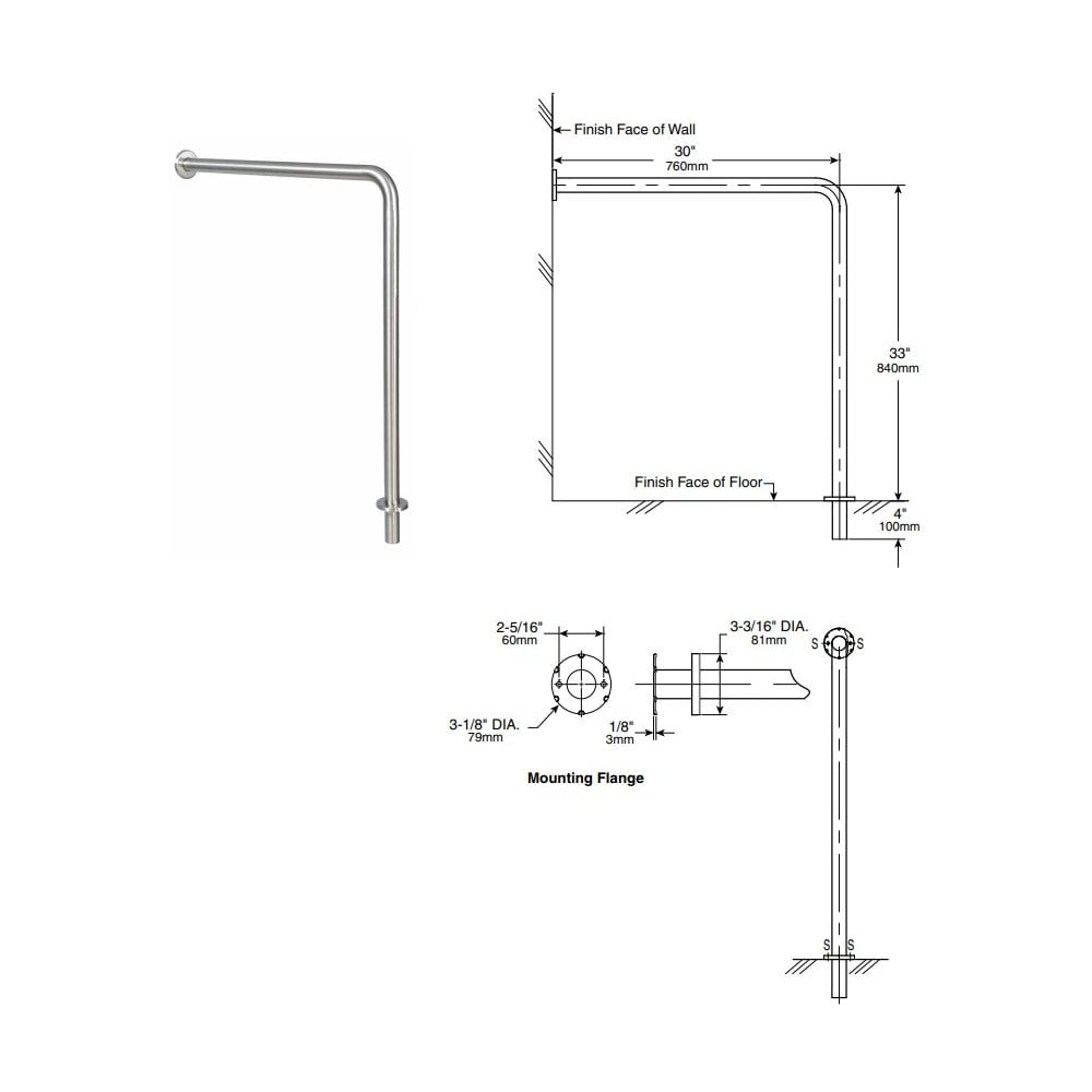 819388 Maniglione a L da parete a pavimento, diametro 38 mm, in acciaio inossidabile AISI 304, con estremità a presa