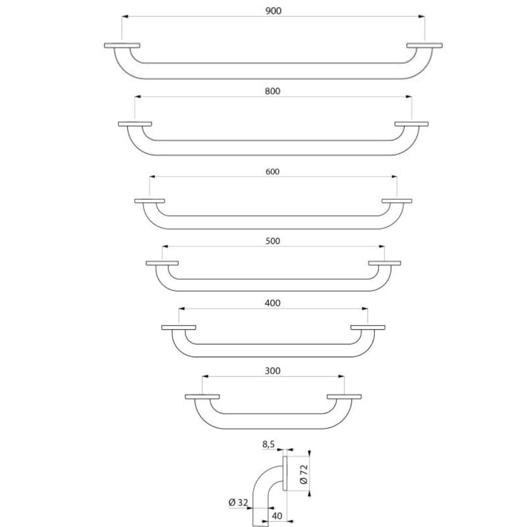 DELABIE Ø32mm Straight Polished Satin Grab Bar (Various Lengths)