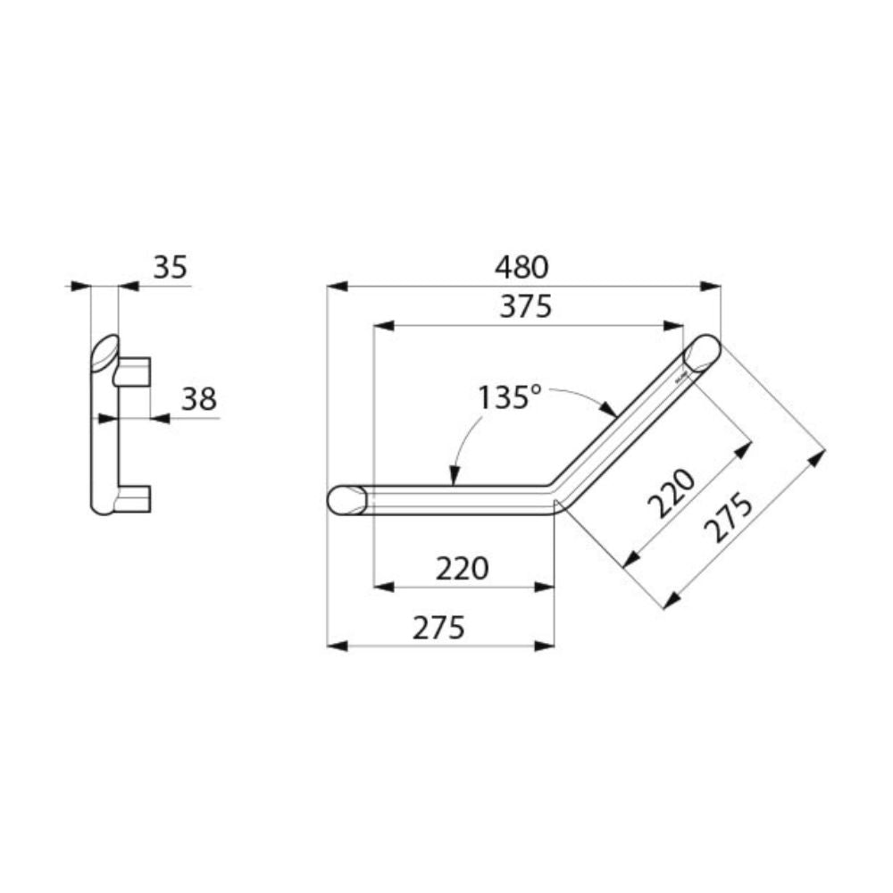 511983 Be-Line Maniglione angolato a 135° Ø35mm 220x220 in alluminio