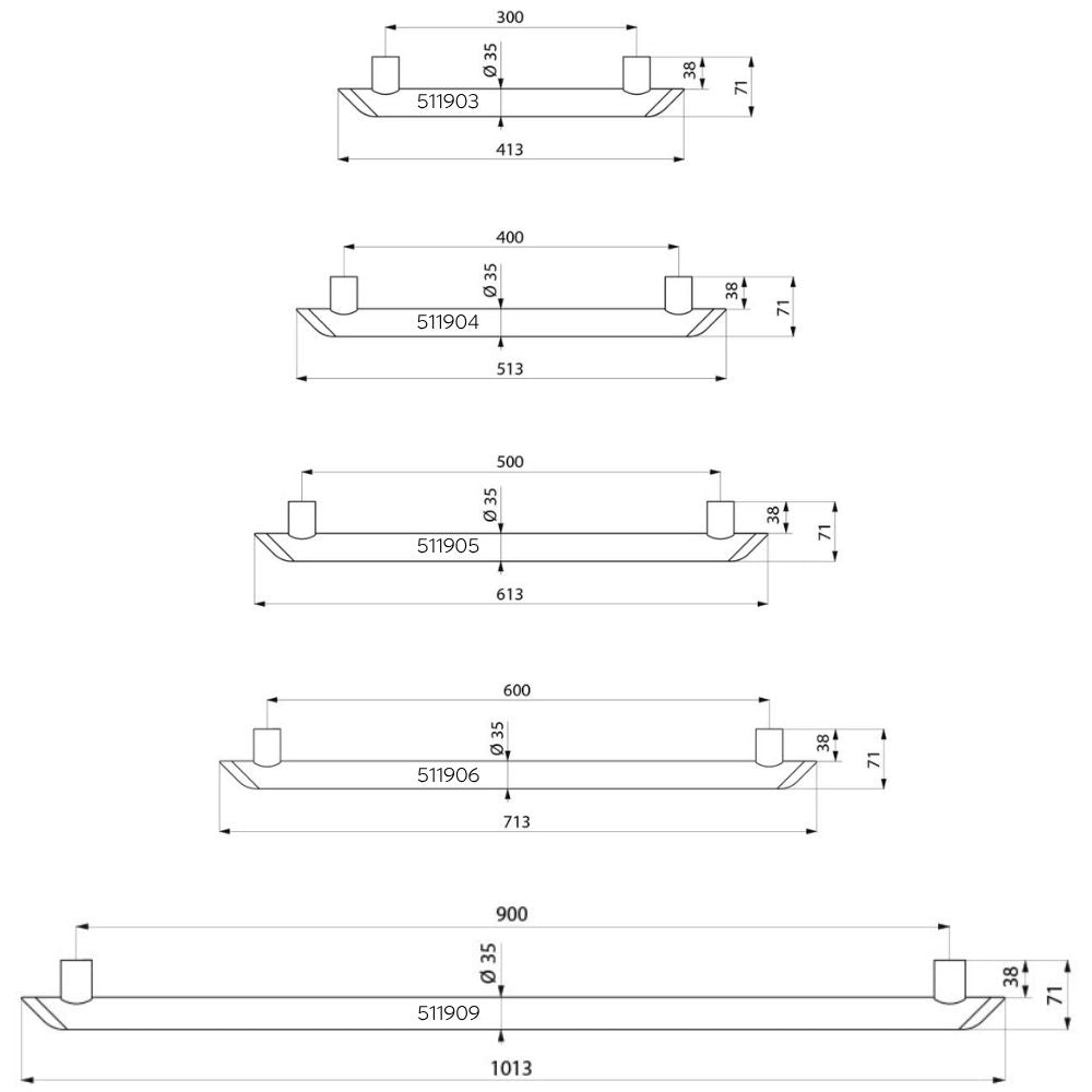 Be-Line® Ø35mm Grab Bar 511903, 511904, 511905, 511906, 511909 (Various Lengths)
