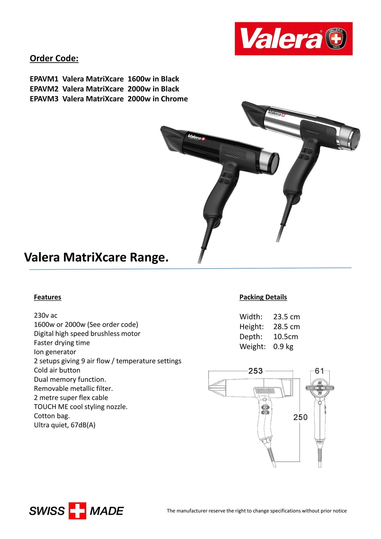 Valera MATRIXCARE Hair Dryer 1600W / 2000W | EPAVM1 / EPAVM2 / EPAVM3