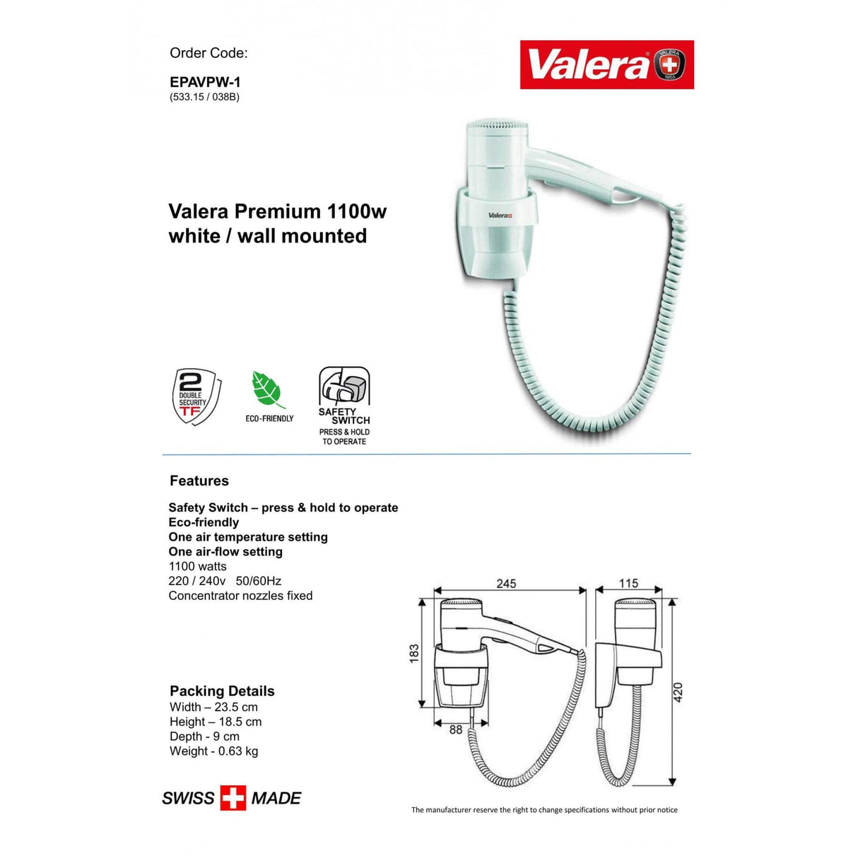 Valera Premium Wall Mounted Hair Dryer 1100W | EPAVPW-1
