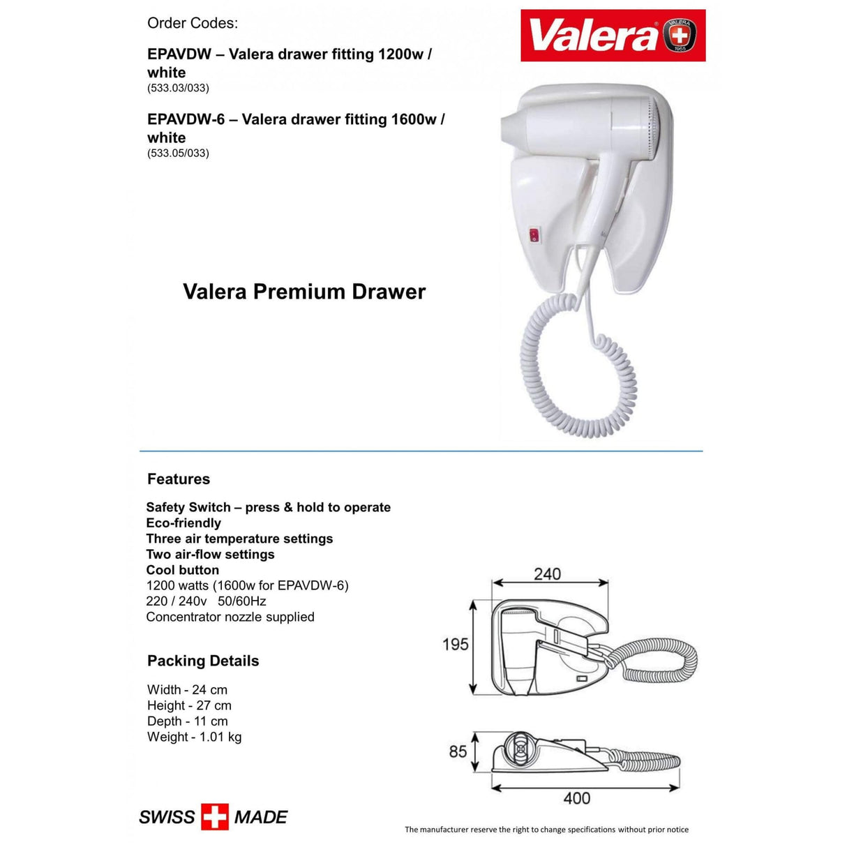 Valera Premium Drawer Mounted Hair Dryer 1200W or 1600W | EPAVDW / EPAVDW-6