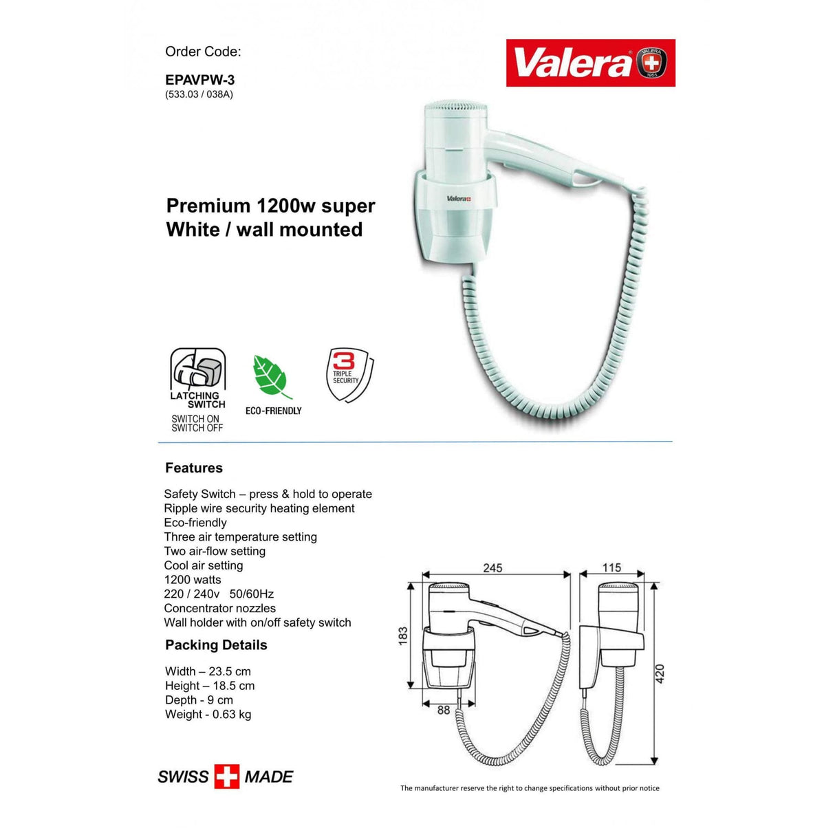 Valera Premium Super Sèche-cheveux mural avec support 1200W | EPAVPW-3