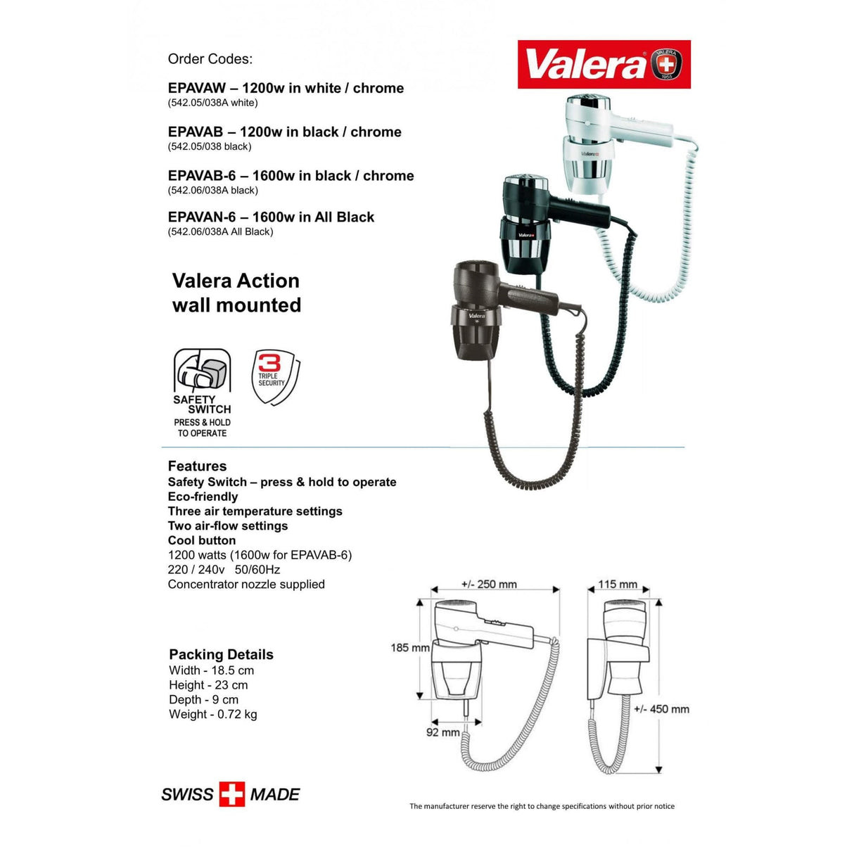 Valera Action Super Plus Wall Mounted Hotel Hair Dryer 1200W or 1600W | EPAVAB / EPAVAB-6