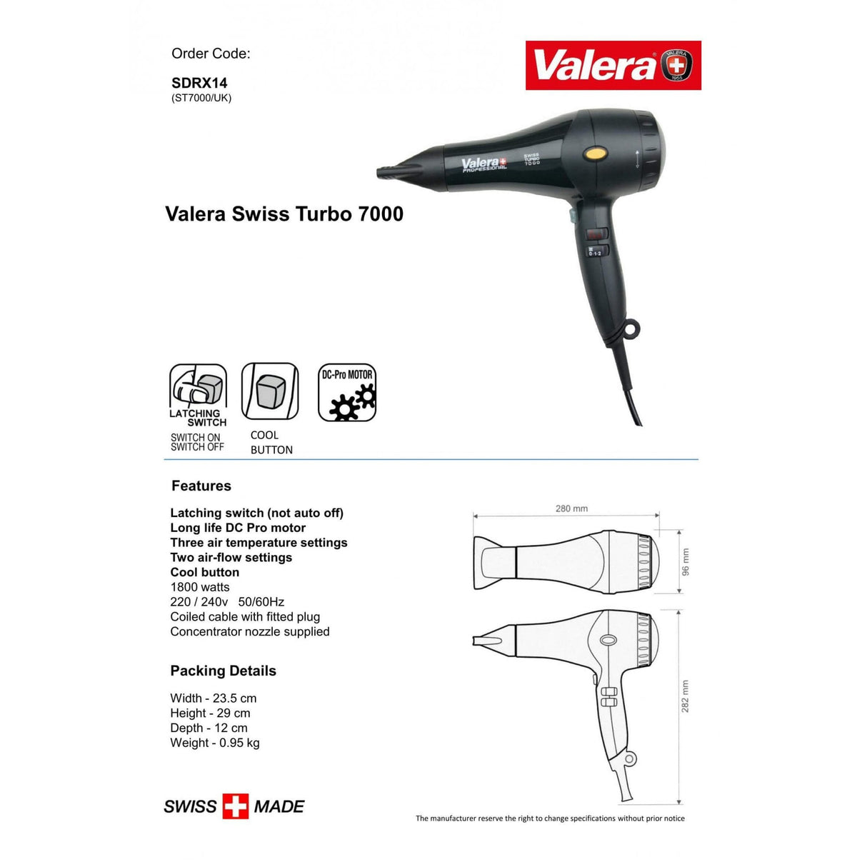 Valera Swiss Turbo 7000 Hair Dryer with Concentrator Nozzle 1800W | SDRX14