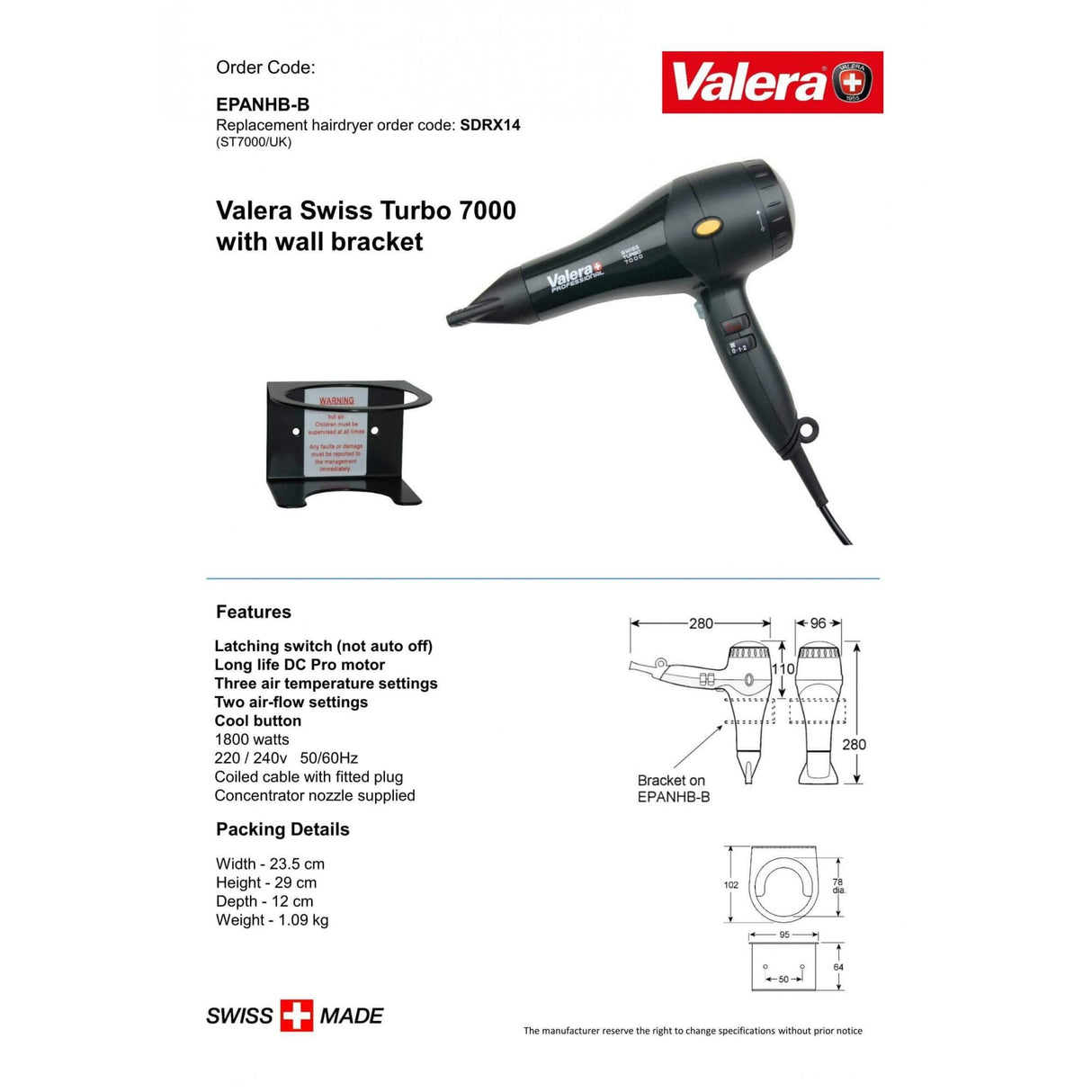 Valera Swiss Turbo 7000 Hair Dryer with Wall Bracket 1800W | EPANHB-B