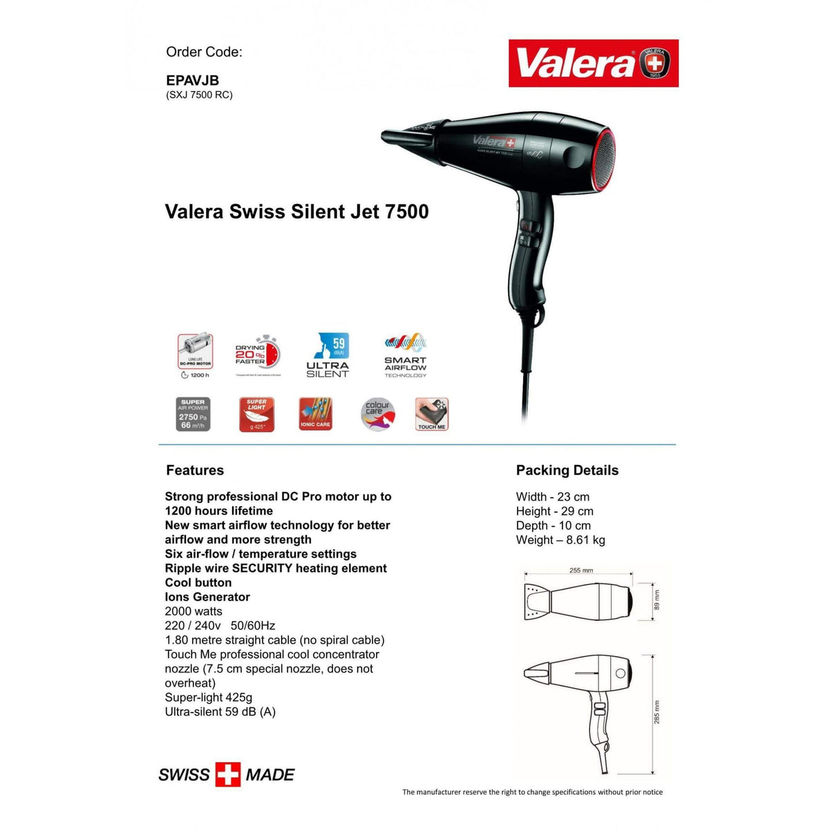 Valera Swiss Silent Jet 7500 Light Ionic Hair Dryer 2000W | EPAVJB