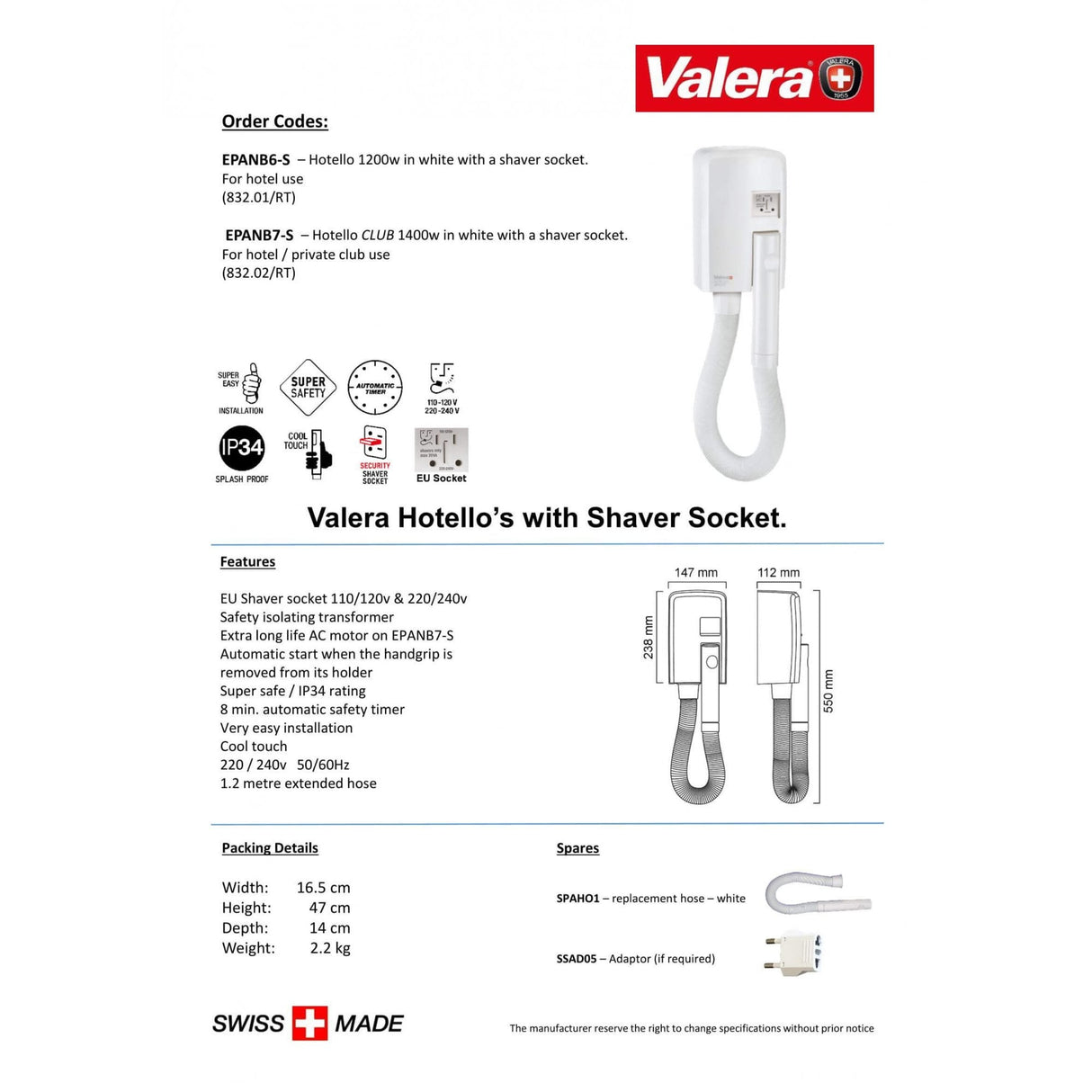 Valera Hotello Club EPANB7-S Bathroom Hair Dryer with Shaver Socket 1.4kW IP34