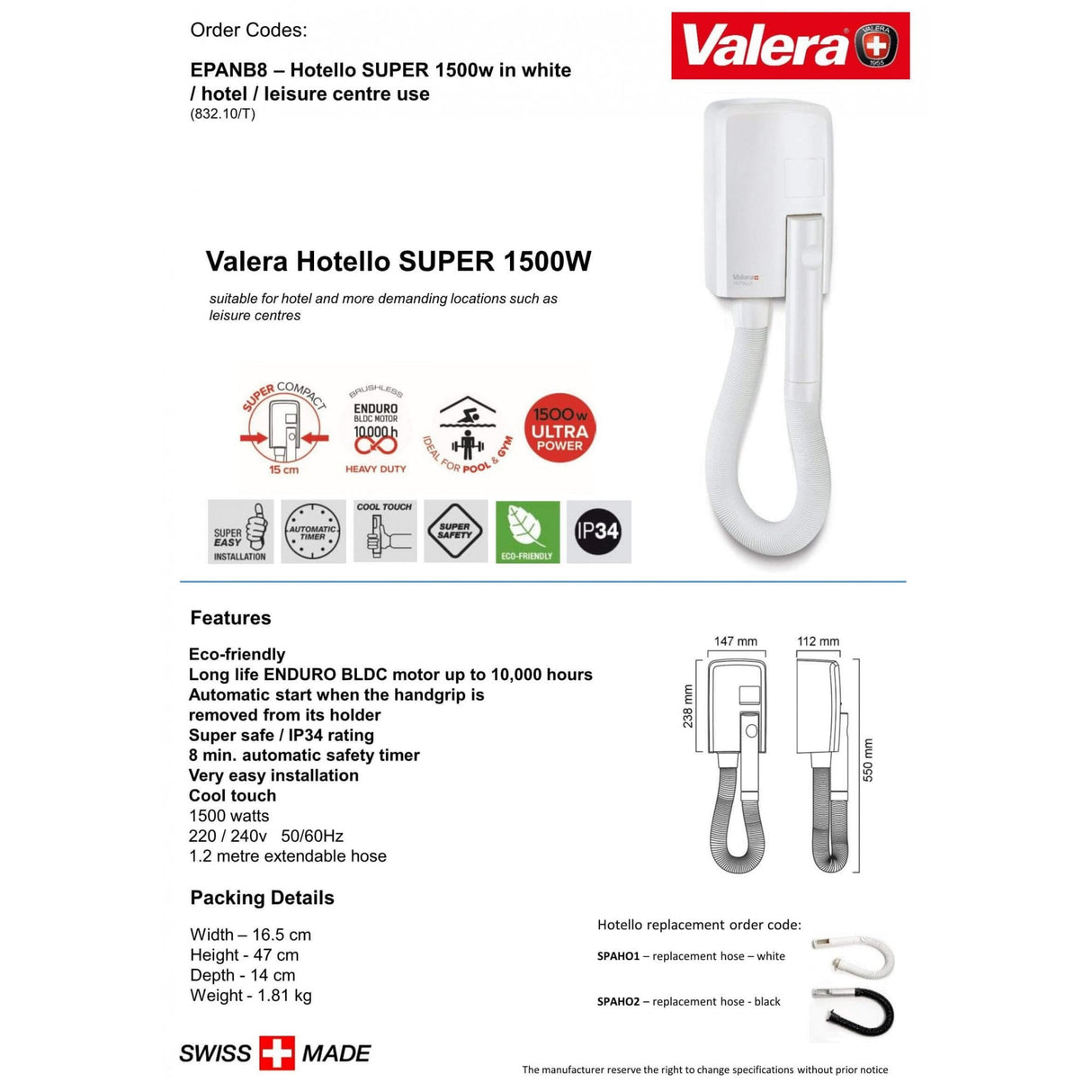 Valera Hotello Asciugacapelli super resistente IP34 1500 W | EPAB8-A