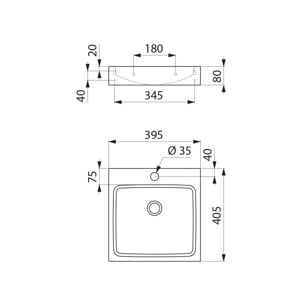 UNITO 395x405 Wall Mounted Stainless Steel Basin with Ø35 Centre Tap Hole 121830 / 121830BK