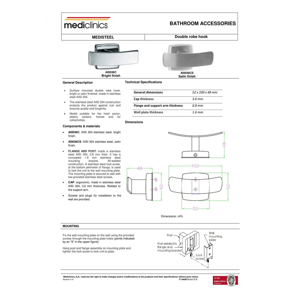 Mediclinics Stainless Steel Double Bathroom Robe Hook AI0036C AI0036CS ...