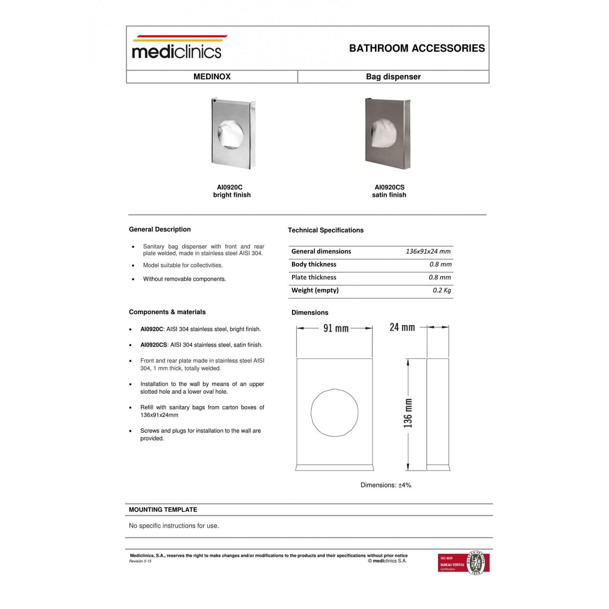 AI0920 Mediclinics Dispenser di sacchetti igienici in acciaio inossidabile AISI 304 serie Medinox