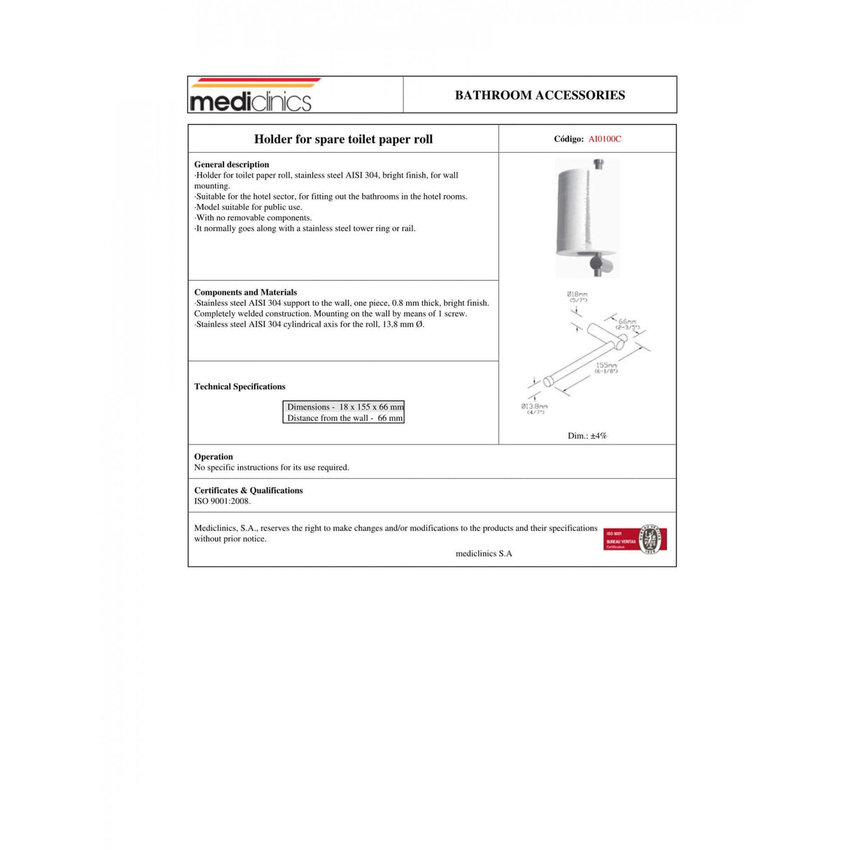 AI0100 Mediclinics Portarotolo di ricambio in acciaio inossidabile serie Medinox AISI 304